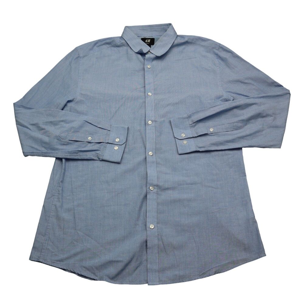 HM Shirt Mens L Blue Long Sleeve Solid Collared Casual Button Up Slit Fit